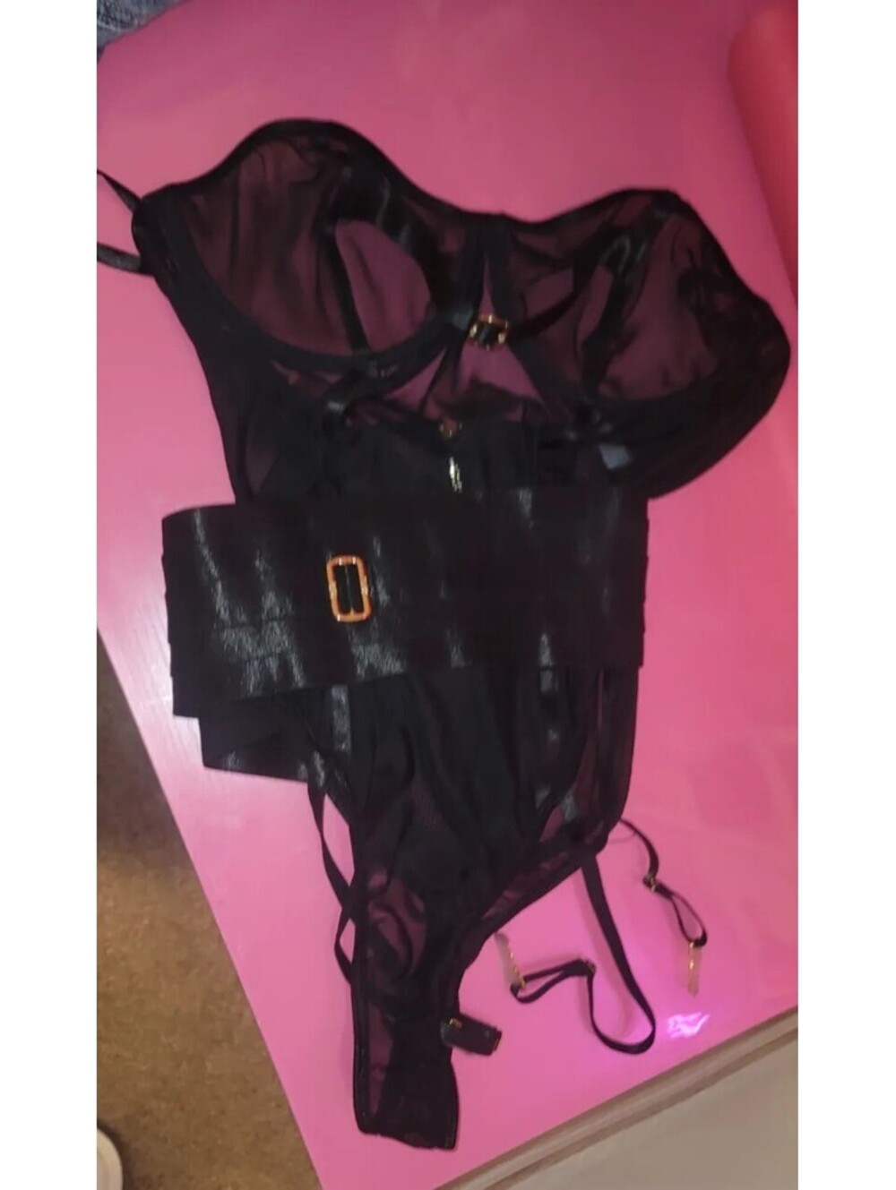 FORPLAY CATALOG BLACK MESH SHEER TEDDY WITH BELTED MIDDLE GOLD BACK ZIPPER XL